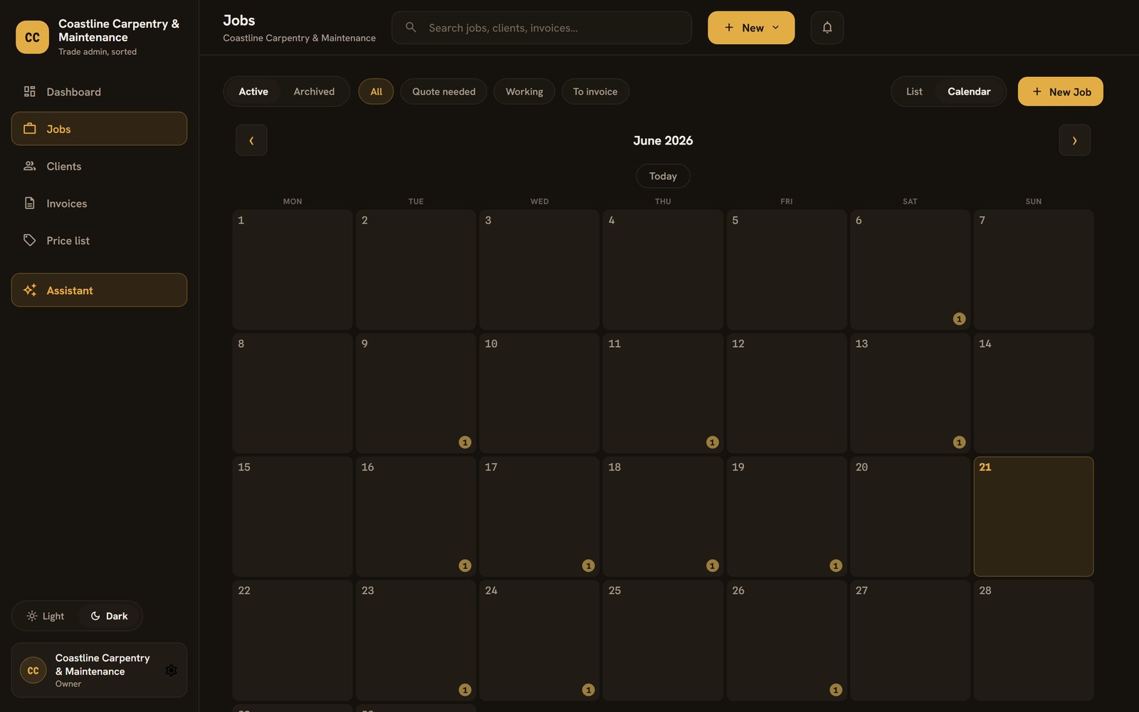 Week-at-a-glance job calendar on the desktop