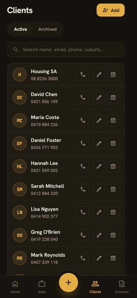 Your client list with contact details and job history