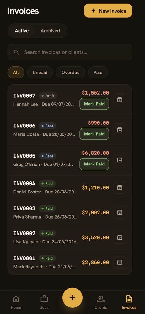 Invoices list showing paid, sent and draft, with one-tap Mark Paid